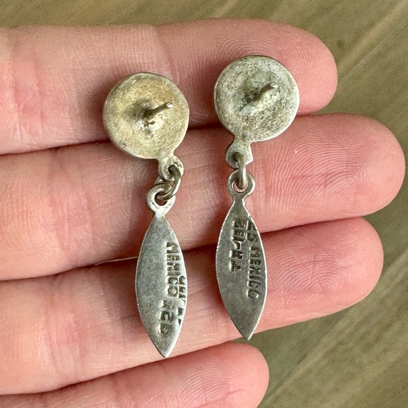 Vintage Southwest Signed Mexico 925 Silver Malachite Dangle Pierced Earrings - Picture 3 of 6